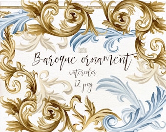 Baroque ornament clipart. Individual vintage classic decorative element. Silver, golden watercolor clip art. Hand-painted wedding design.