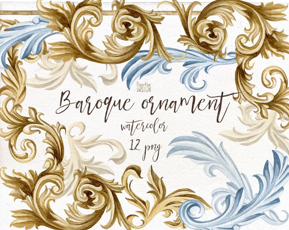 Baroque Ornament Clipart. Individual Vintage Classic Decorative Element.  Silver, Golden Watercolor Clip Art. Hand-painted Wedding Design. - Etsy, image size:1146x912