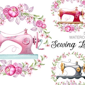 Digital watercolor vintage sewing logo. Sewing machine with floral wreath label.