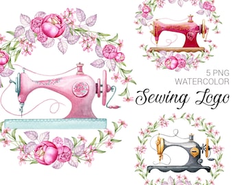 Digital watercolor vintage sewing logo. Sewing machine with floral wreath label.