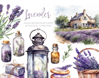 Provence Lavender Digital Watercolor clipart. AI illustration. Rustic lantern, landscape, soap, flowers. Instant download. Commercial use