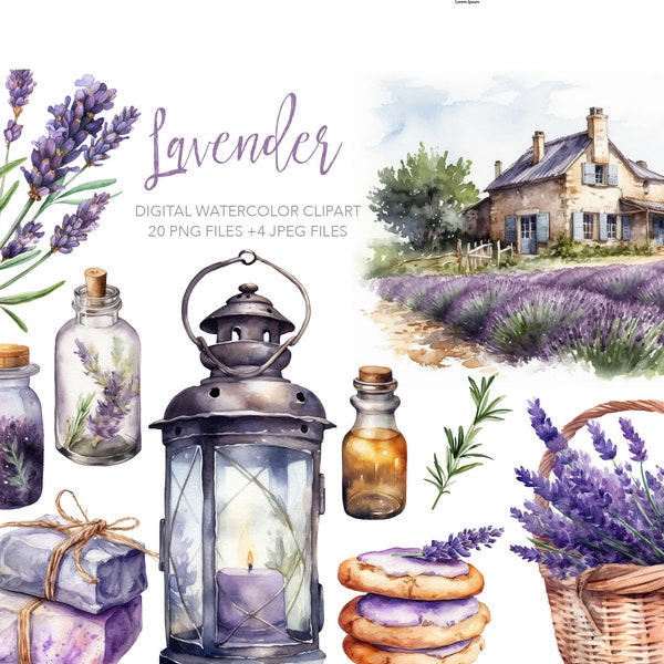 Provence Lavender Digital Watercolor clipart. AI illustration. Rustic lantern, landscape, soap, flowers. Instant download. Commercial use