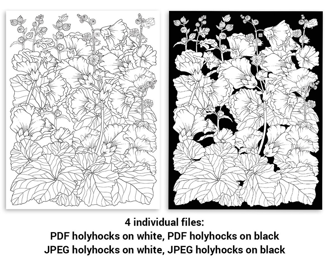 PDF JPEG Printable Adult Coloring Pages. Digital Hollyhocks | Etsy