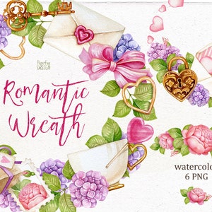 Clipart digital individual de guirlanda romântica em aquarela. Adoro clipart de design de convite de casamento. Hortênsia rosa e flores de rosas.