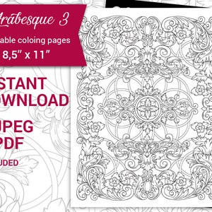 PDF, JPEG digitale kleurplaten voor volwassenen, afdrukbare kleurpagina 8,5&#39;&#39;x 11&#39;&#39;. Arabesque bloemenornament kleurplaat. Digitaal kleurboek.