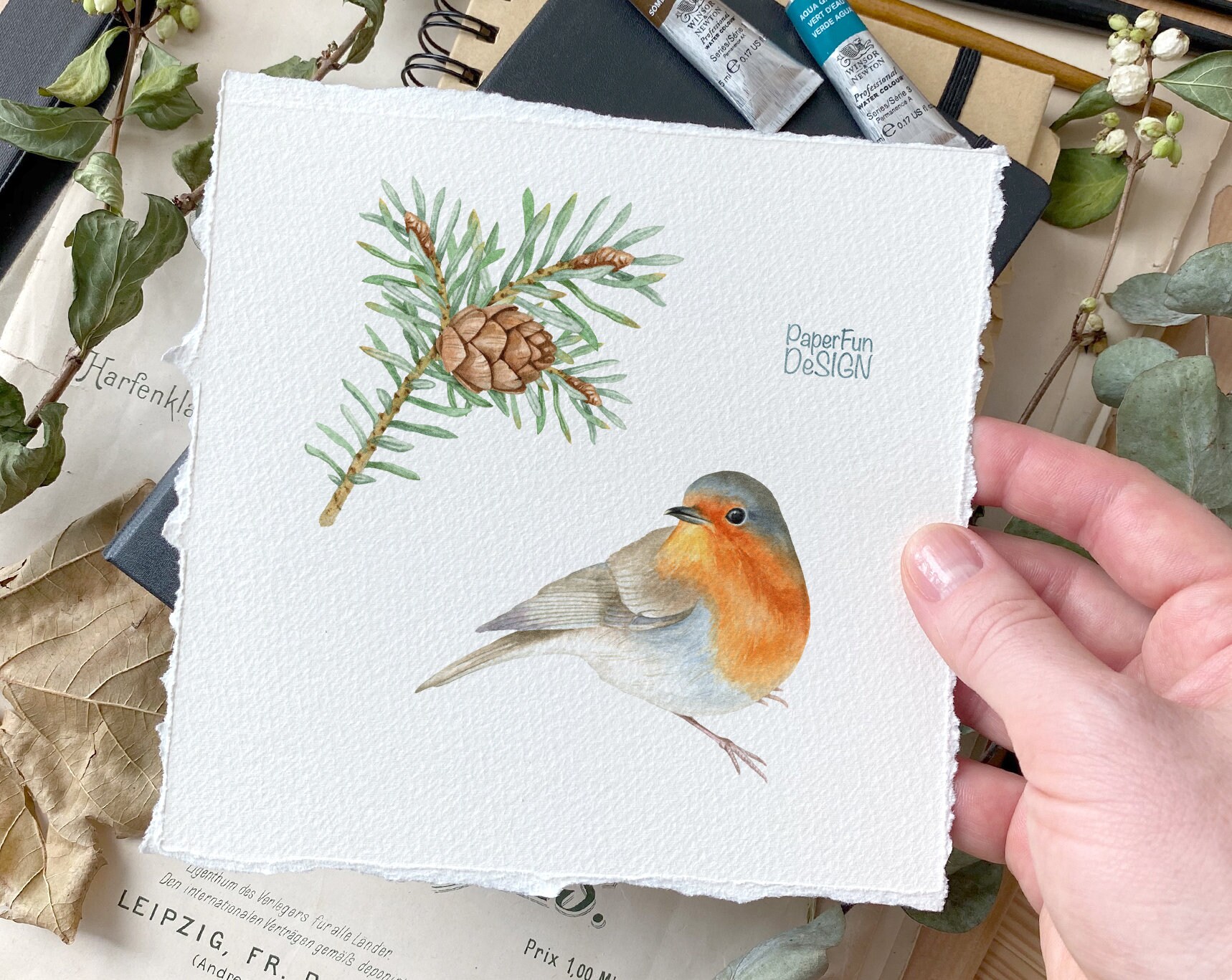 Watercolor Christmas Clipart. Winter Robin Birds, Holly Leaves and ...