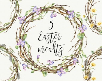 Watercolor Easter Wreath Clipart. Spring Flowers Wreath, Hand Painted Cute Wreath with Flowers.