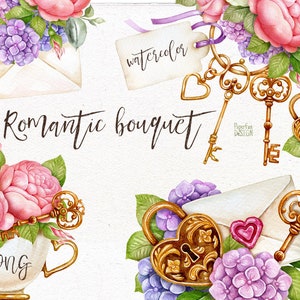 Clipart de buquê romântico em aquarela digital. Clipart de casamento de alta qualidade para impressão. Fechadura dourada, chave, flores rosas cor de rosa.