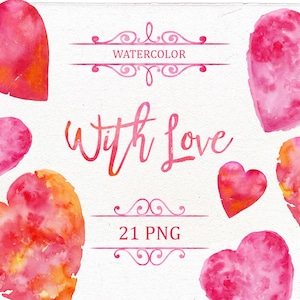Watercolor Valentine&#39;s Day Clipart, PNG Heart Clip Art, Border, Wedding clip art, Design elements, ornament, Love clipart. Pink, red heart.