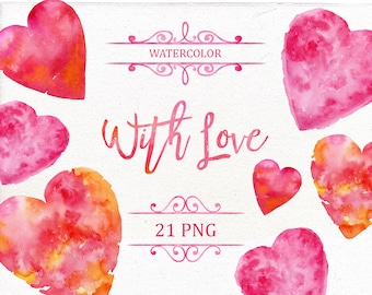 Clipart di San Valentino ad acquerello, ClipArt cuore PNG, Bordo, ClipArt di matrimonio, Elementi di design, ornamento, Clipart d'amore. Cuore rosa e rosso.