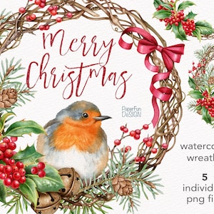 Inverno Robin PNG pássaros. Guirlanda de feliz Natal, folhas e bagas de azevinho, clipart. Projetos de férias por sublimação. Clipart de ilustração de inverno
