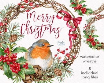 Winter Robin PNG birds. Merry Christmas wreath, Holly leaves and berries, clip art. Sublimation holiday designs. Winter illustration clipart