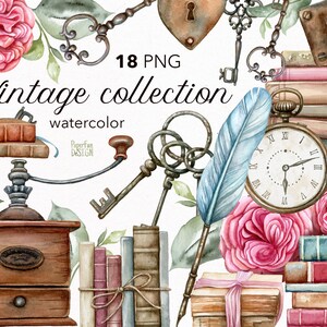 Clipart vintage ad acquerello. Vecchi libri, macinacaffè, orologio da tasca, un mazzo di chiavi. Collezione romantica vecchio stile. ClipArt di scrapbooking.