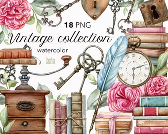 Watercolor vintage clipart. Old books, coffee mill, pocket watch, a bunch of keys. Old fashioned romantic collection. Scrapbooking clip art.