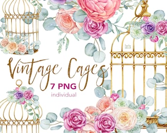 Golden boho birds cages. Watercolour individual PNG files. Romantic floral arrangements. Pink, purple flowers, eucalyptus leaves, wreath.