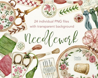 Watercolor vintage needlework clipart. Watercolour embroidery essentials, pink and green thread, scissors, cross stitch clip art. Digital.