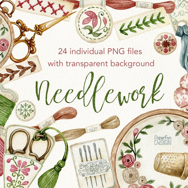 Watercolor vintage needlework clipart. Watercolour embroidery essentials, pink and green thread, scissors, cross stitch clip art. Digital.