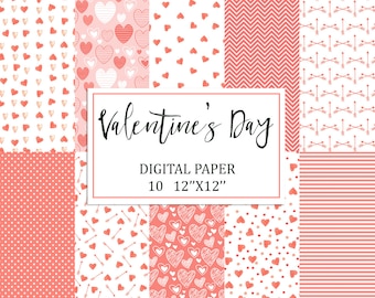 Watercolor digital papers. Valentine red heart background. Scrapbook papers, Romantic Background, Love.