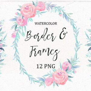 Marco floral romántico, rincón floral de acuarela, imágenes prediseñadas digitales, imágenes prediseñadas de borde pintado a mano, flores rosas, corona de Pascua, imágenes prediseñadas de boda.