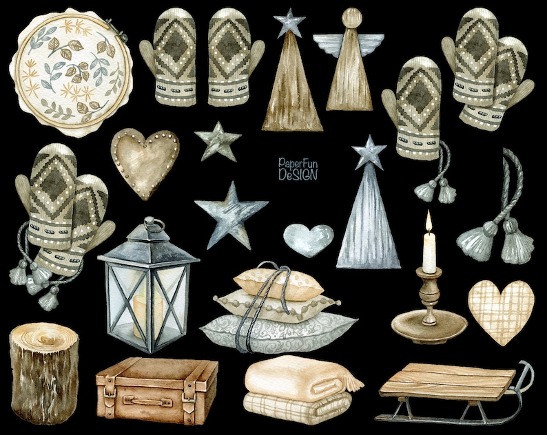 Grey Beige Brown illustration. Hand-painted holiday clipart Merry Christmas decoration clip art Scandi watercolor winter essentials