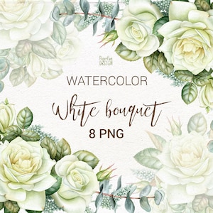 Buquês de casamento em aquarela com rosas brancas e eucalipto. Canto floral de Natal, moldura, guirlanda. PNG individuais. Uso comercial.