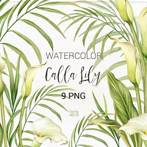 Calla Lily blanc aquarelle, feuilles des tropiques, clipart numérique feuille de palmier. Faire-part de mariage élégant clipart fleurs. Téléchargement instantané.