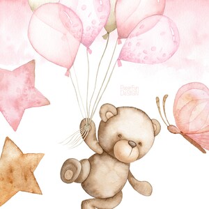 May include: A watercolour illustration of a brown teddy bear holding pink balloons with white polka dots. The bear is flying with a pink butterfly and two pink stars in the background.