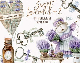 Watercolor Provence Clip Art, Digital Sublimation design. Lavender Flowers clipart,  Vintage Heart, Vintage Key, Cute Character, Sheep.