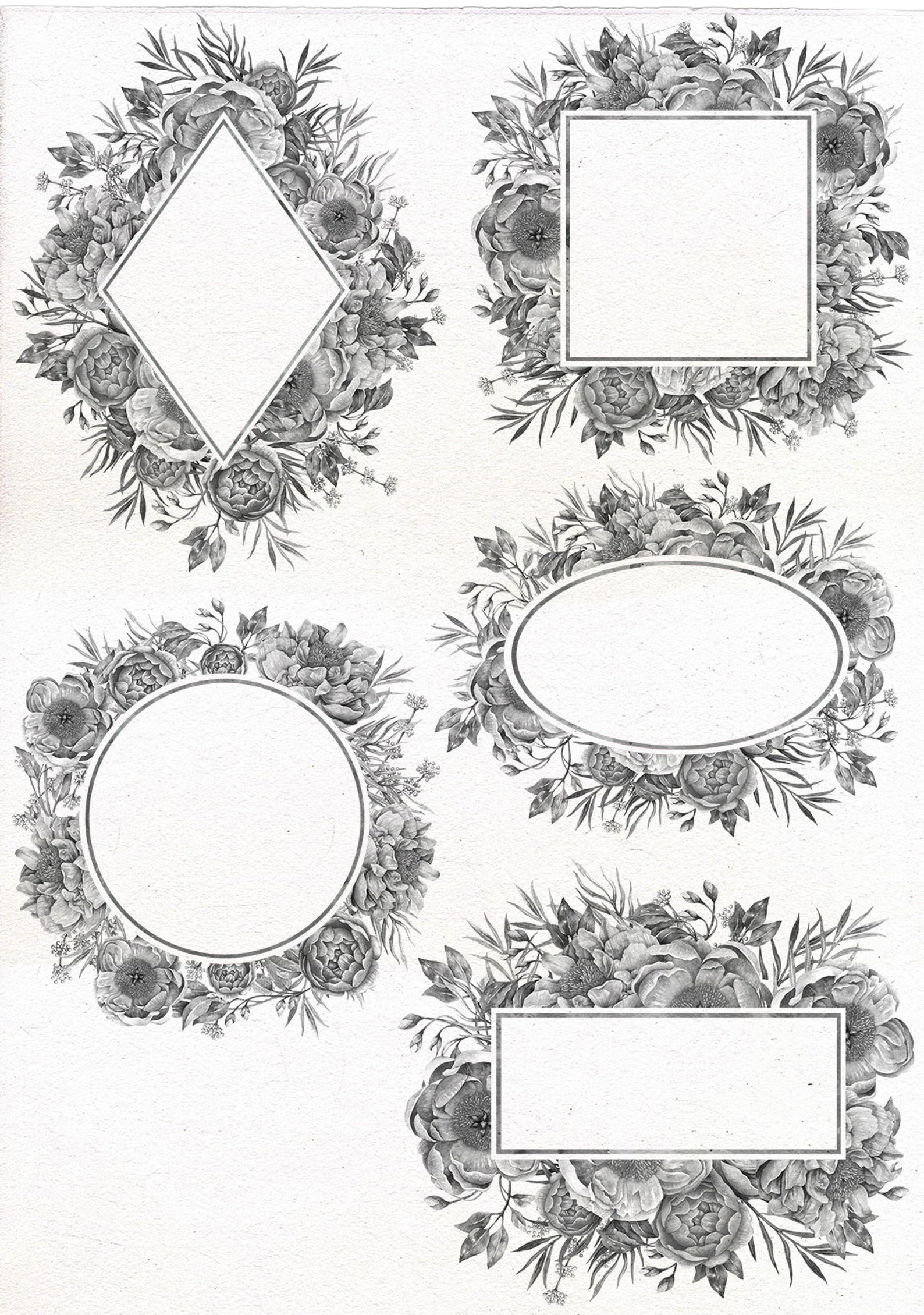 Black and White Floral Frame. Digital Watercolor Border Grey - Etsy