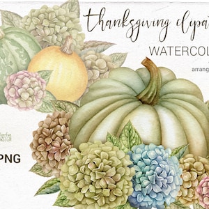 Watercolor Harvest clipart. Hand painted Thanksgiving arrangement. Autumn digital clip art. Pumpkins, dry Hydrangea, fall berries.