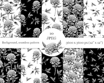Digital paper pack. Fabric pattern. Black and white hand drawn peony seamless background. Scrapbooking digital paper. 12'' x 12''.