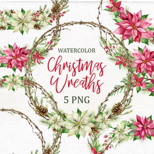 Christmas Wreath individual PNG, Watercolor Clip Art, Poinsettia Holly Steams, Scarlet Red Flower Clipart, Digital Floral, Holiday Wreath.