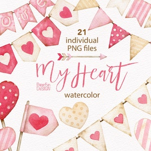 Clipart romântico de corações em aquarela. Adoro clip-arts de casamento para o dia dos namorados. Bandeiras de guirlanda rosa e bege, arquivos PNG individuais separados.