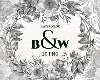 B&W Floral Clipart. Watercolor Peonies Clip Art, Grey Clip Art PNG, Floral Arrangement, Wreath, Wedding invitation elements.