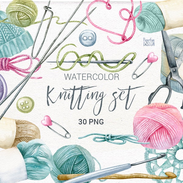 Watercolor Knitting clipart, hand painted  INDIVIDUAL PNG, hand made clip art. Crochet, Sewing essentials, yarn, needlework.
