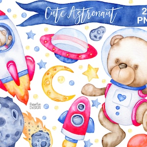 Clipart dell'astronauta dell'orsacchiotto dell'acquerello. Spazio esterno, razzo spaziale, clip art del sistema solare. Universo, pianeta, file PNG dipinti a mano di UFO.