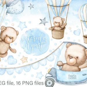 Clipart dell'orsacchiotto dell'acquerello. Neonato, clip art per bambini carini. Singoli file PNG e JPEG. Uso commerciale. È un ragazzo, illustrazioni digitali.