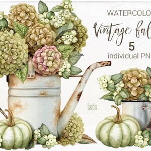 May include: Watercolor painting of a vintage fall scene with a rusty watering can filled with hydrangeas, pumpkins, and white berries. The text "WATERCOLOR vintage fall 5 individual PNG" is in the top right corner.