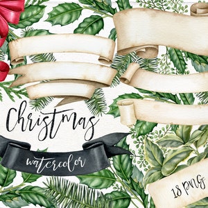 Aquarell Weihnachten ClipArt. Hochwertige Winter Cliparts. Vintage Schwarz, Rot, Beige Band, Grün, Urlaub Essentials.