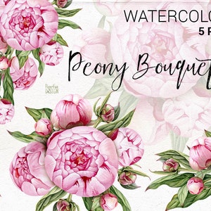 Pfingstrose Blumenstrauß Clipart. Hochzeit Kranz mit Pfingstrosen. Handgemaltes Aquarell Blumen.