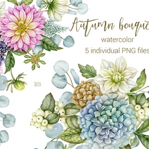 Aquarel herfst digitale clipart. Herfstbloemstukken, bruidsboeketten. Eucalyptus, hortensia, dahliahoek, borders. PNG-illustraties.