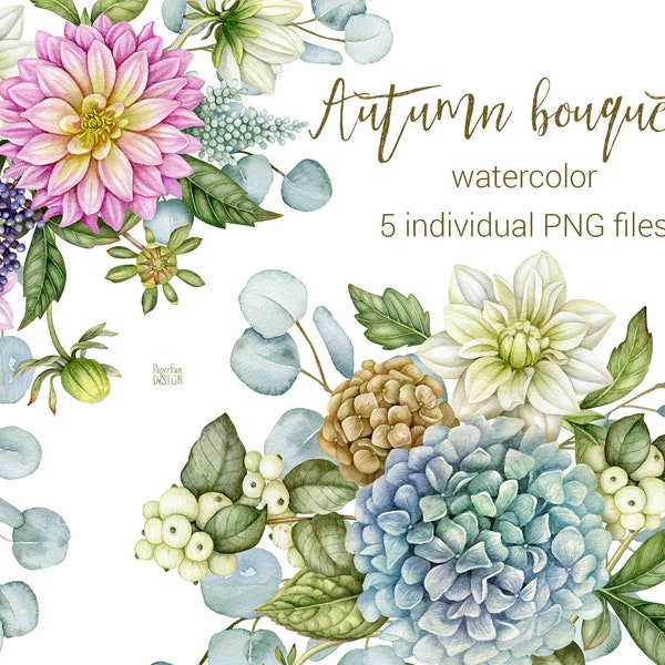 Watercolor autumn digital clipart. Fall floral arrangements, wedding bouquets. Eucalyptus, hydrangea, dahlia corner, borders. PNG clip art.