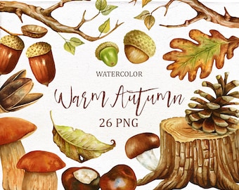 Fall forest watercolor clip art. Autumn woodland clipart.