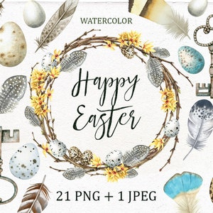 Clipart PNG individuale di Pasqua dell'acquerello, cartolina di Pasqua stampabile, ghirlanda di Pasqua, piume, uova, chiave vintage, clip art di Pasqua.