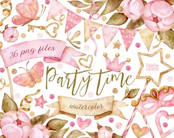 Watercolor baby girl clipart. Birthday party decoration clip art. It's a girl. Birthday party. High resolution pink and gold PNG files. P1