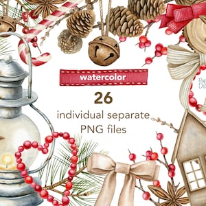 Aquarell Individuelle Weihnachtscliparts. Hochwertiges separates Winter Clipart. Laterne, Tannenzapfen, rote Beeren, Schleife, für den Urlaub.