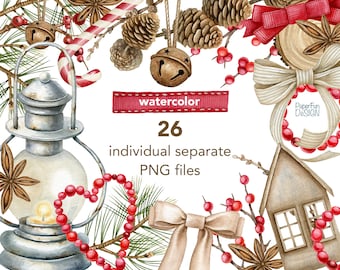 Watercolor Individual Christmas clip art. High-quality separate winter clipart. Lantern, Pine cone, red berries, ribbon, holiday essentials.