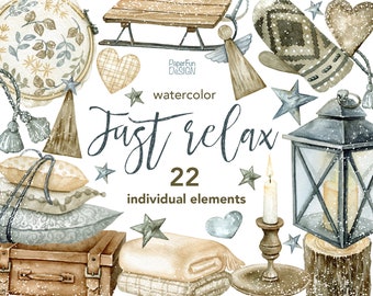 Scandi watercolor winter essentials. Hand-painted holiday clipart. Merry Christmas decoration clip art. Grey Beige Brown illustration.