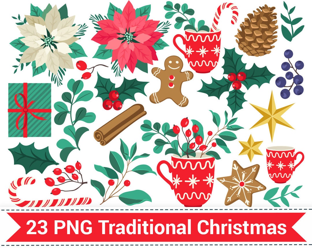 Traditional Christmas Clip Art, Gift, Flower, Mug, Gingerbread, Berry ...