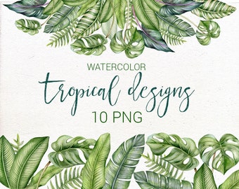 Watercolor Tropical Clip Art, Floral Frame Clipart, Tropical Foliage, Tropical Background, Watercolor Floral Border.